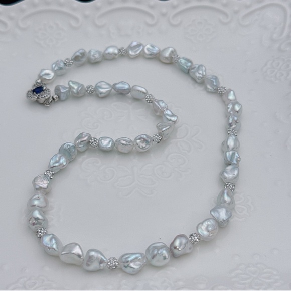 X454 Handmade Sliver Blue Freshwater Baroque Pearl Necklace
